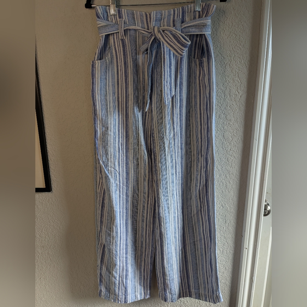 GAP Linen Blend Pants Blue White Stripes Tie Waist Wide Leg Size 4 Casual